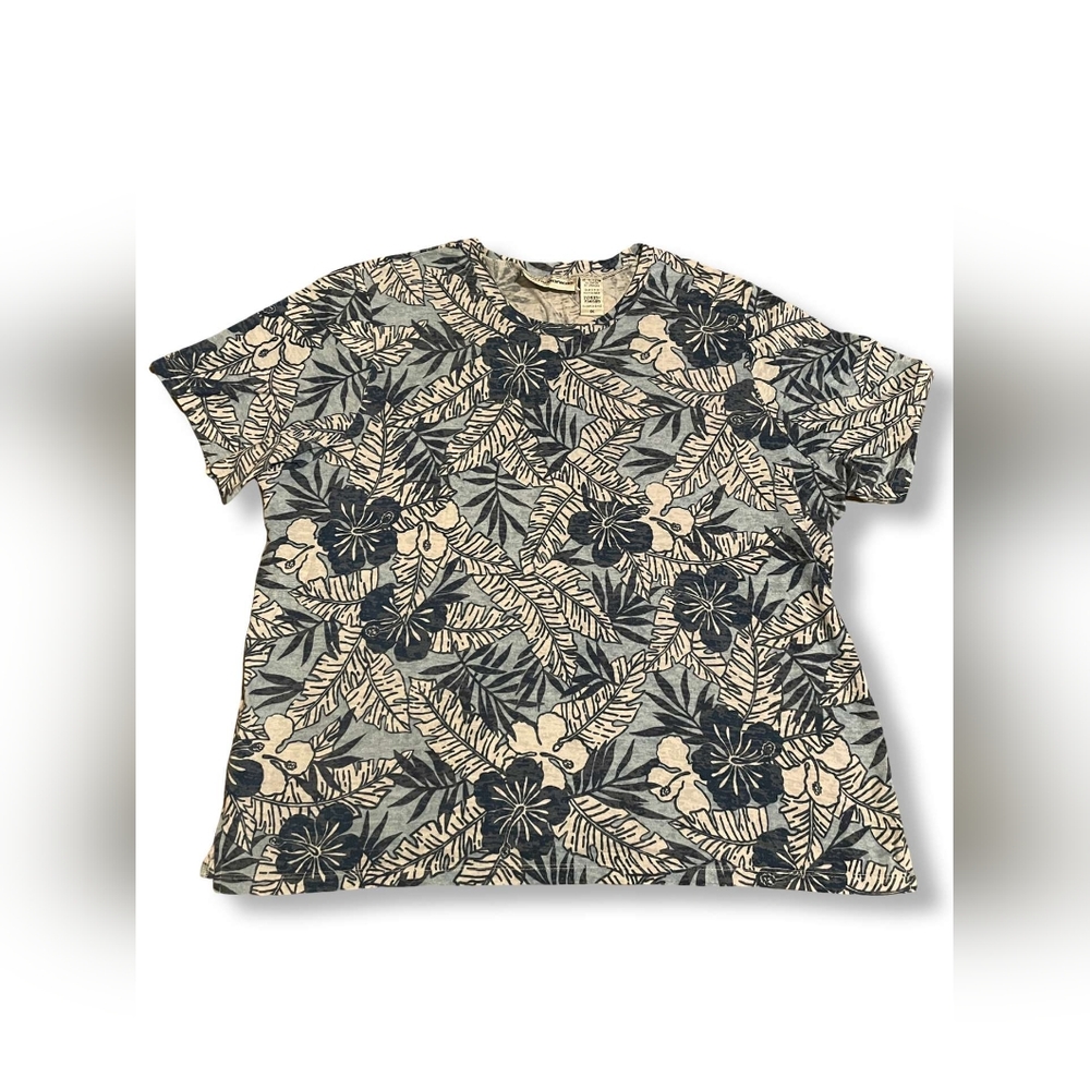Cathy Daniels Floral Blue/Beige Short-Sleeve Top, Size 1X